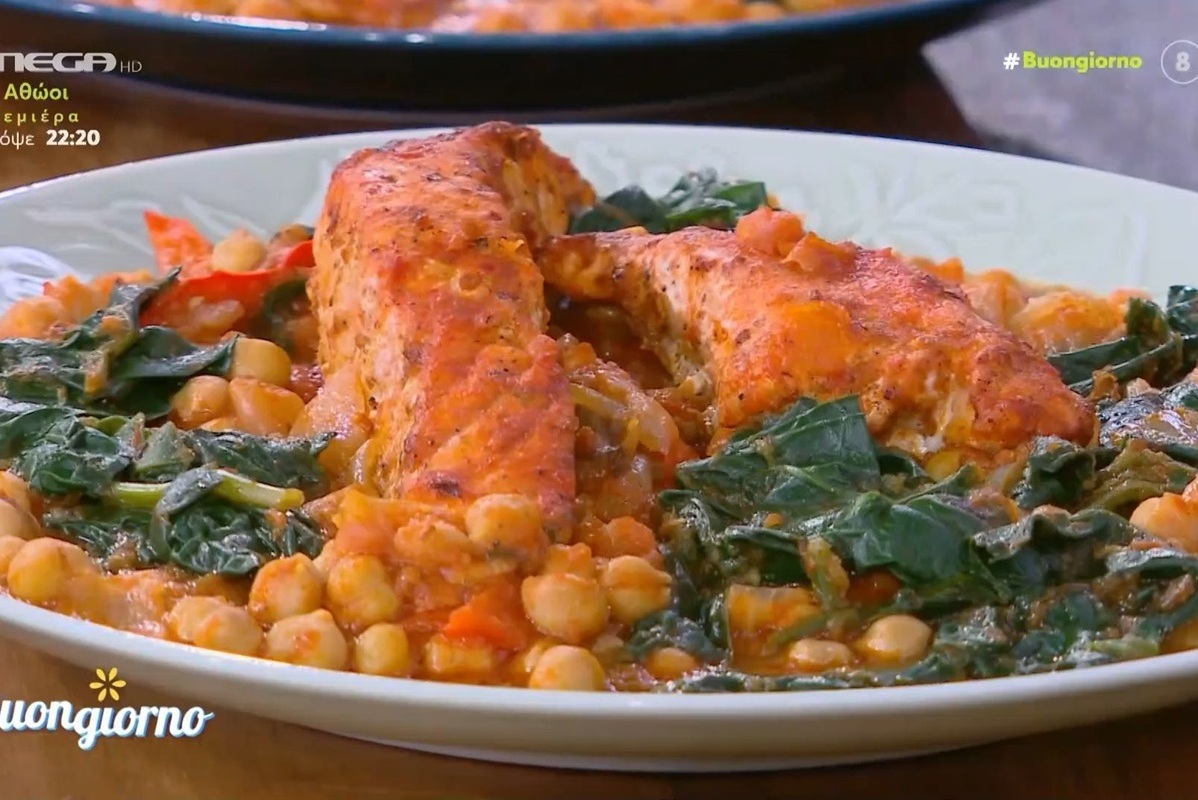 Σολομός με ρεβύθια, σπανάκι και κάρι από τον Δημήτρη Σκαρμούτσο